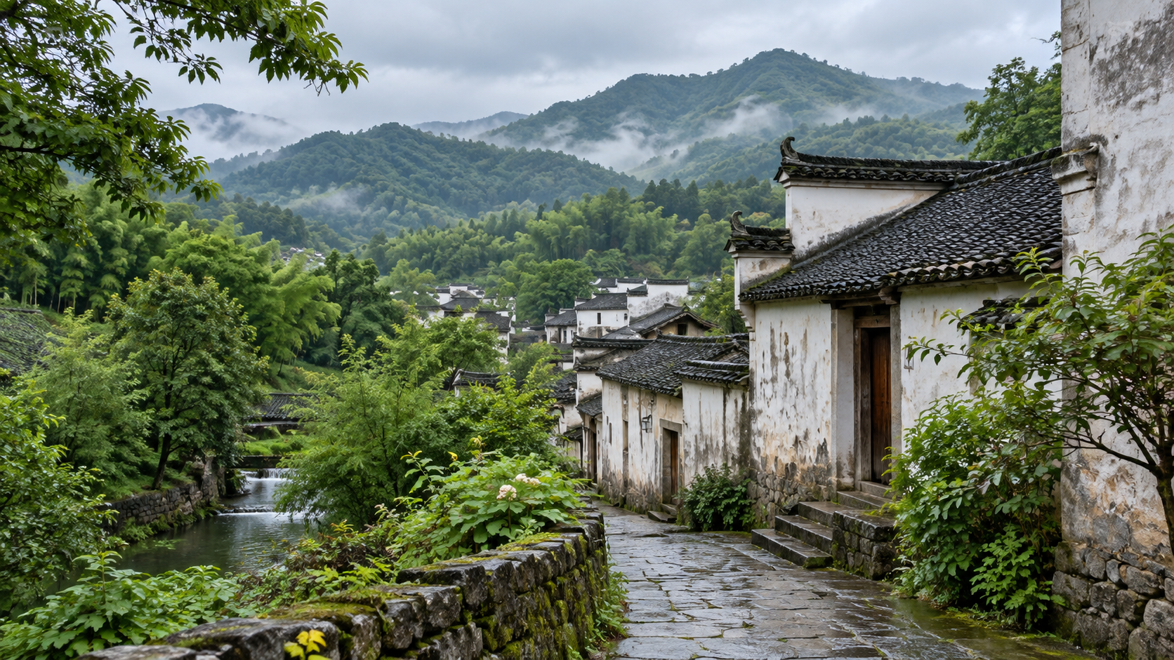 AI-generated scene inspired by Jiangxi villages and hills